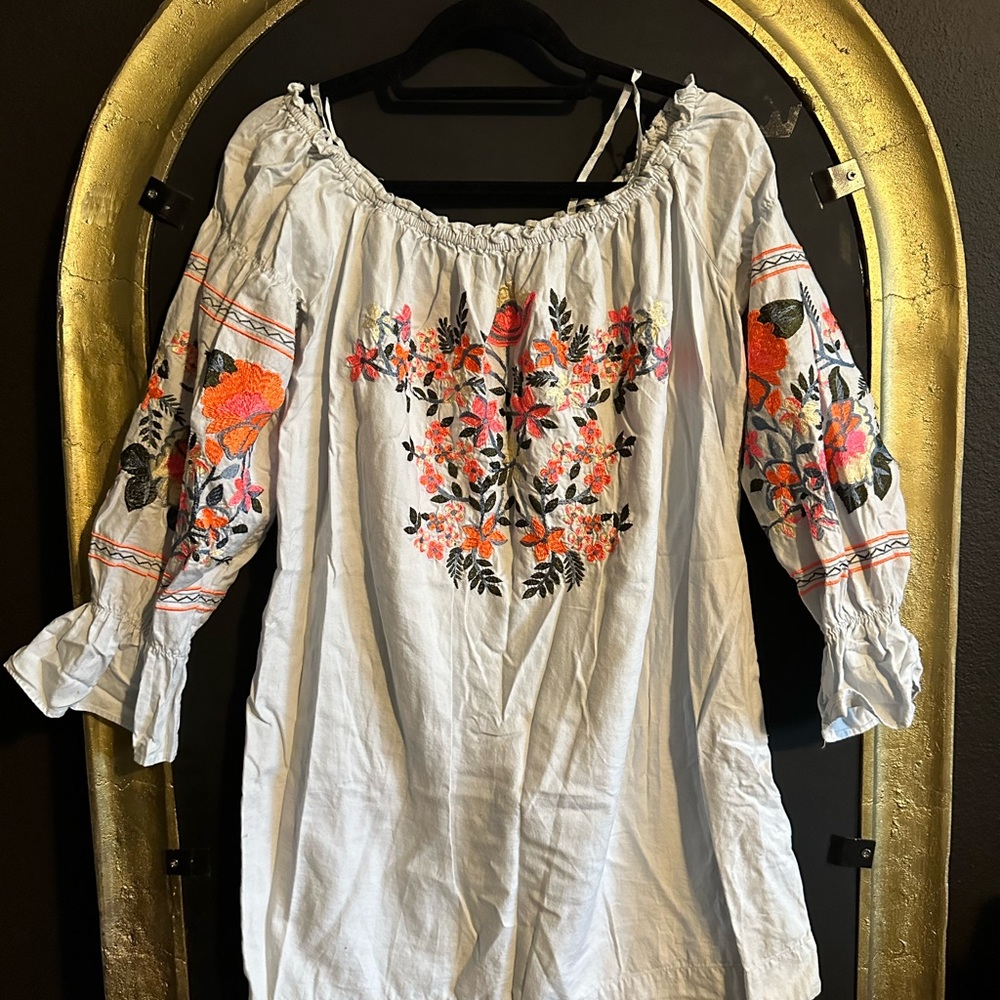 FREE PEOPLE Blue Fleur Du Jour Embroidered Mini Shift Cotton Twill Dress L